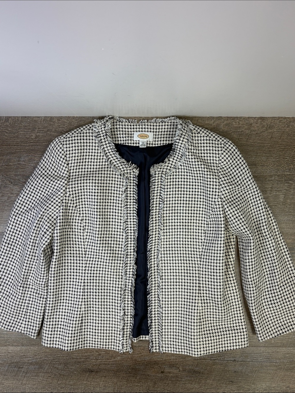 Talbots Fringe Trim Tweed Jacket Ivory Navy Size 14 Lined Blazer